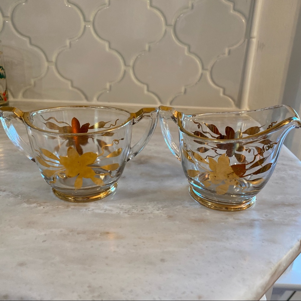 Vintage Glass Creamer & Open Sugar Bowl with Gold Tone Trim & Flower Floral